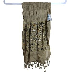 JIGSAW Stone Brown Wool Blend Scarf Fringe Sequins Gypsy Festival Global Artisan